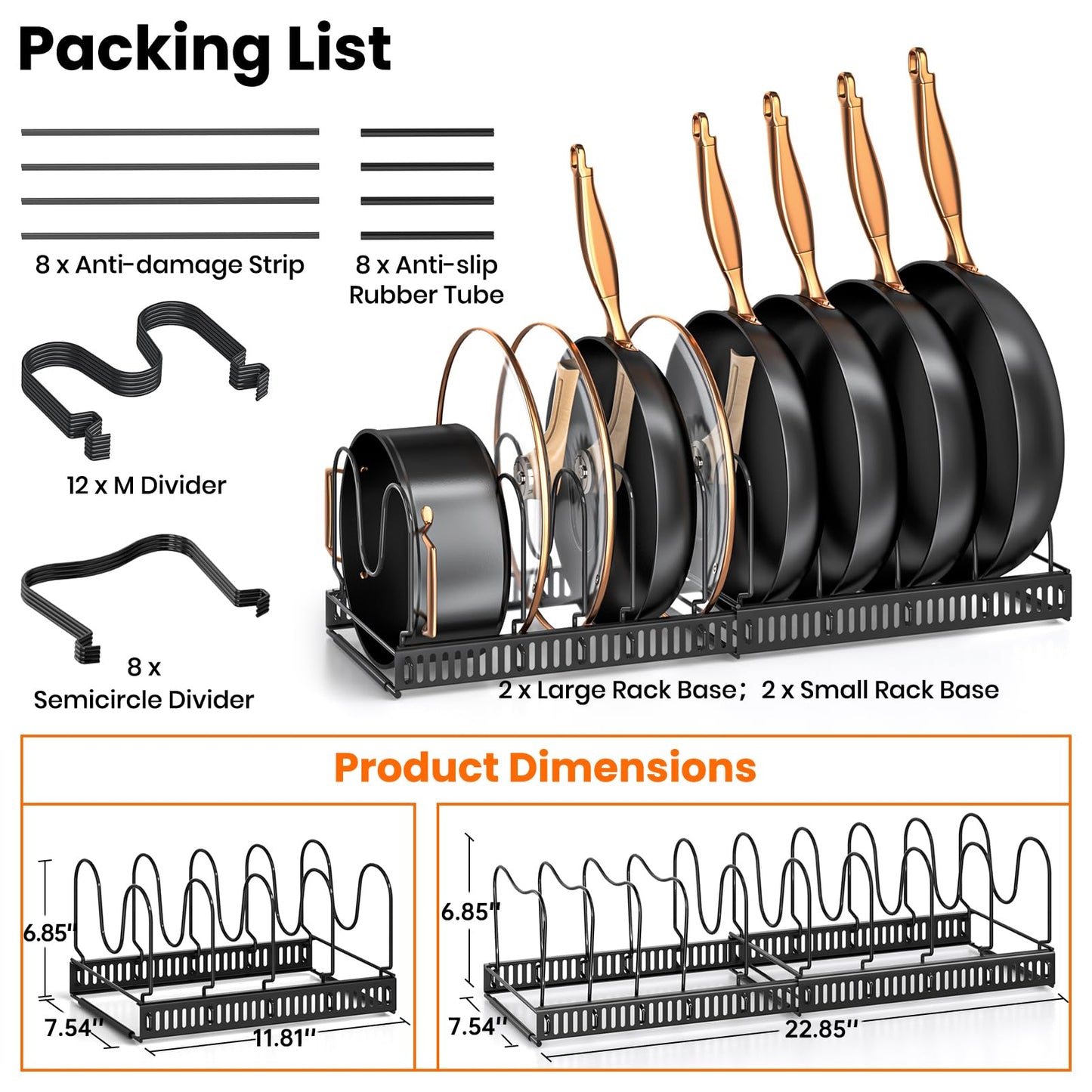 MUDEELA 2 Pack Pots and Pans Organizer Rack for under Cabinet, Expandable Pot Lid Kitchen Cabinet Organizer Holder with 10 Adjustable Compartment Cutting Board Organizer for Pan Lid, Bakeware Sheet
