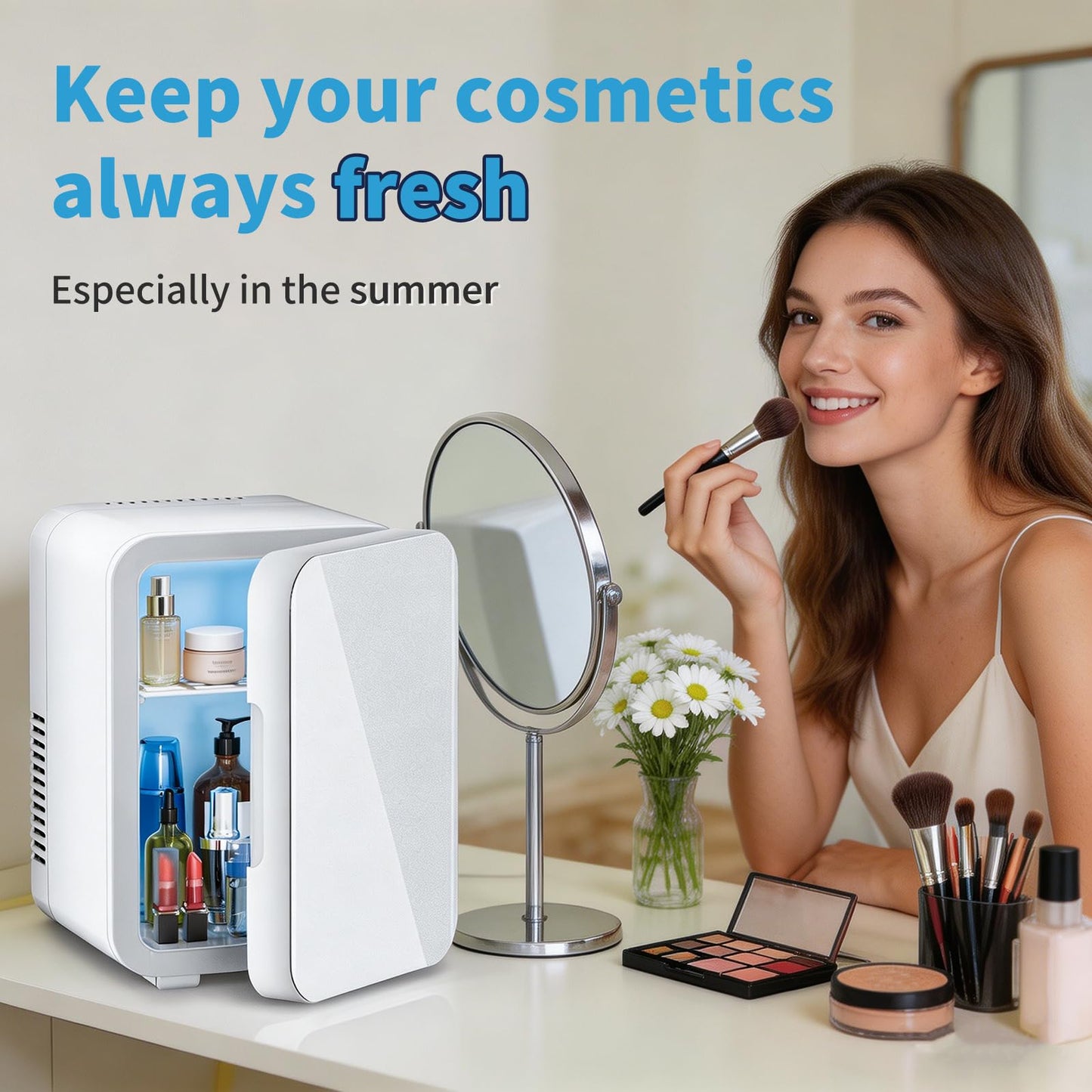 ENANCAX Mini Fridge for Bedroom - Portable 4 Liter/6 Can Cooler & Warmer for Skincare, Cosmetics, Makeup, Medicine & Food - Small Refrigerator with AC/DC Power for Home, Car, Dorm & Office