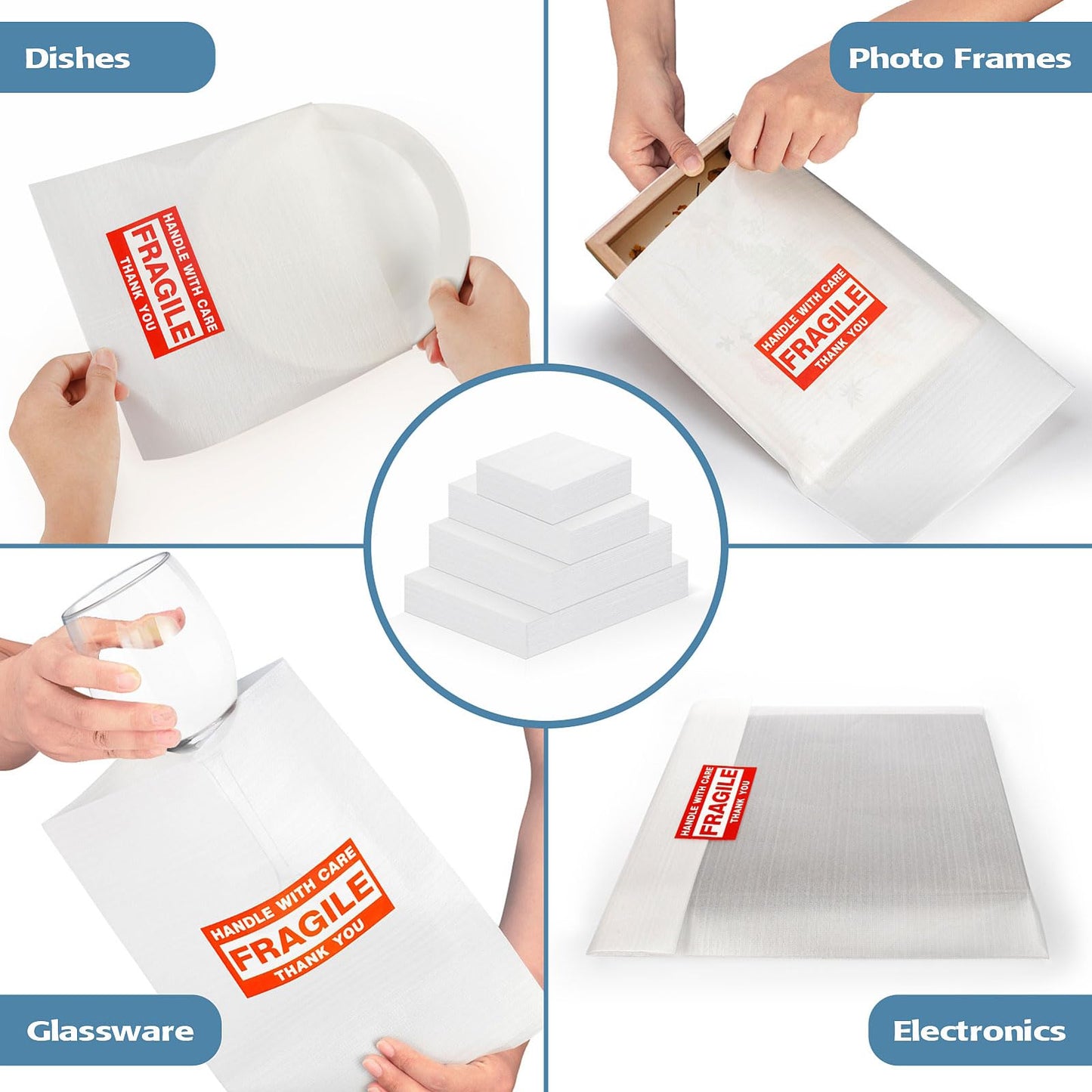 540 pcs Moving Dish Packing Supplies, 290 Cushion Foam Pouches and Sheets, 4 Sizes (16x12", 12x12", 12x7.8", 7.8x7.8") with 250 Fragile Stickers, Foam for Moving, Packaging, Commercial & Household Use