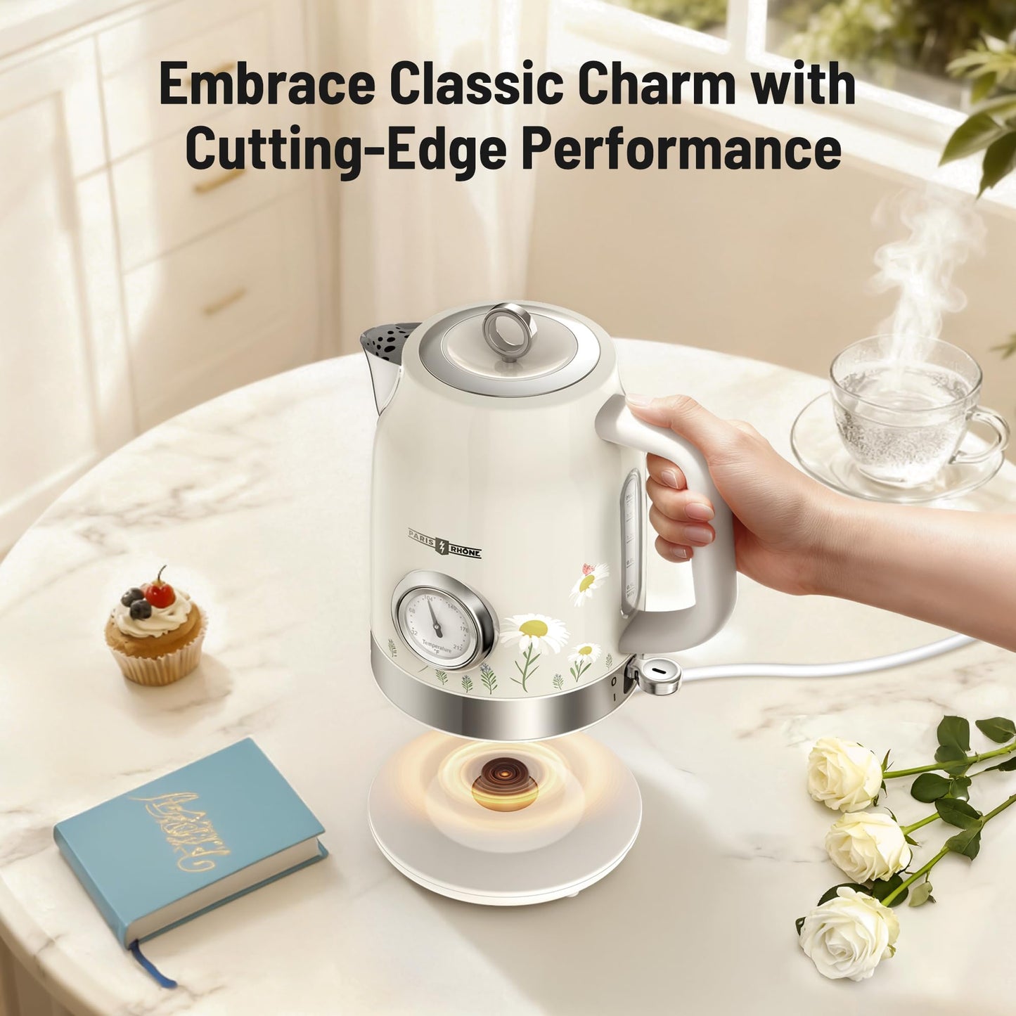 PARIS RHÔNE Retro Stainless Steel Electric Kettle, 1.7L Cordless Hot Water Tea Kettle with Thermometer, 1500W Fast Heating, LED Indicator, Auto Shut-Off & Boil Dry Protection