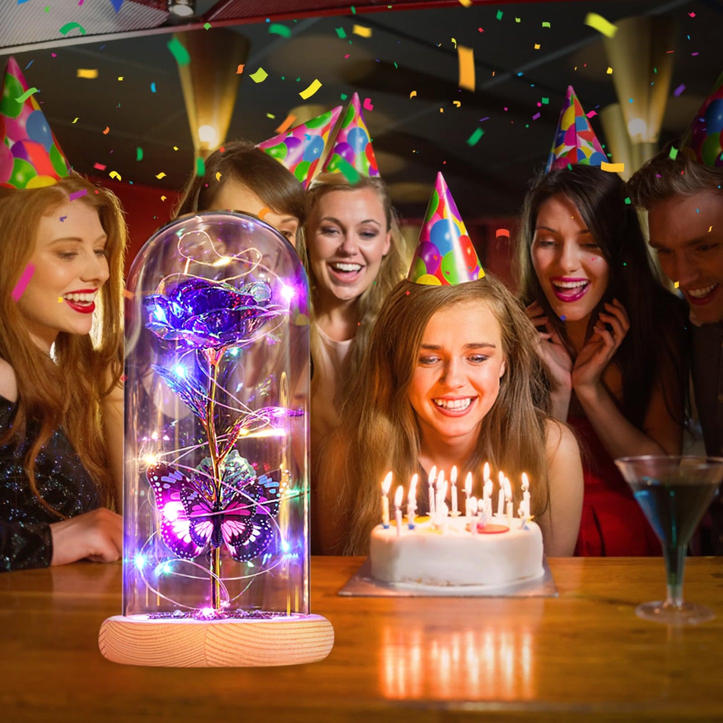 Beferr Birthday Gifts for Women Galaxy Glass Rose Forever Preserved Flowers for Delivery Light Up Rose in Glass Dome Mothers Day Butterfly Gifts for Mom Wife Grandma Her Daughter Girlfriend