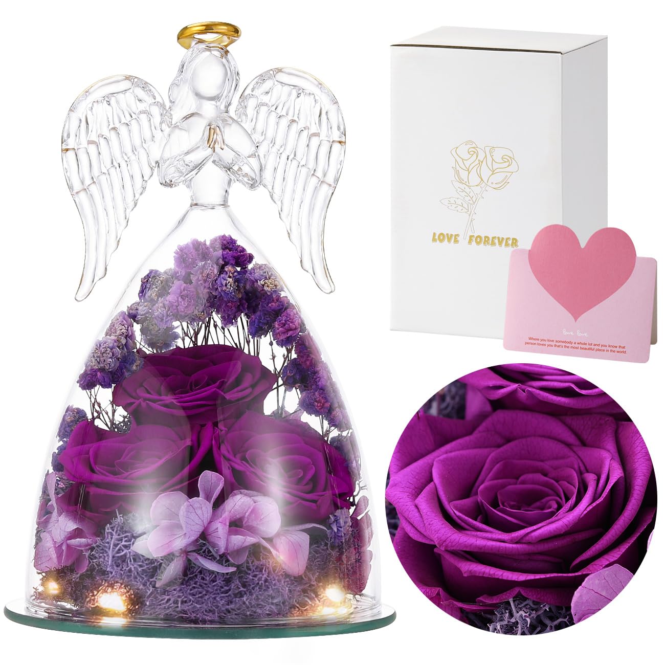 Emibele Mother's Day Angel Rose Gifts for Mom Grandma, Preserved Real Rose in Glass Angel Figurines, Eternal Flower Rose Gifts for Women on Birthday Valentines Anniversary Thanksgiving, Purple