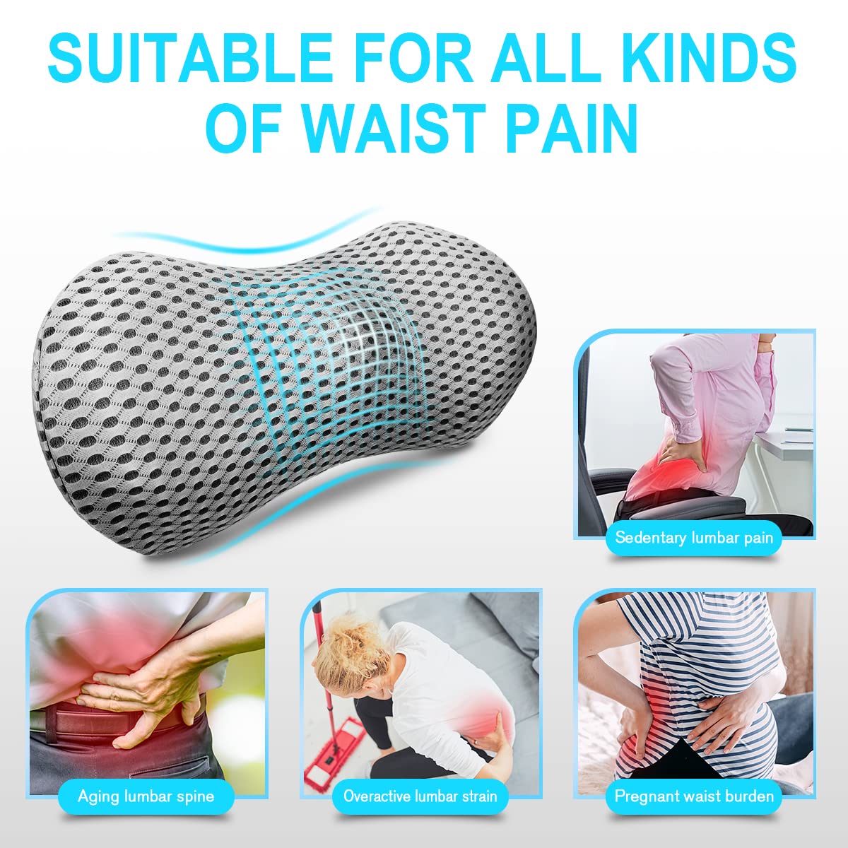 Panduo Lumbar Support Pillow for Office Chair, Memory Foam Lumbar Pillow for Lower Back Pain Relief (Grey)
