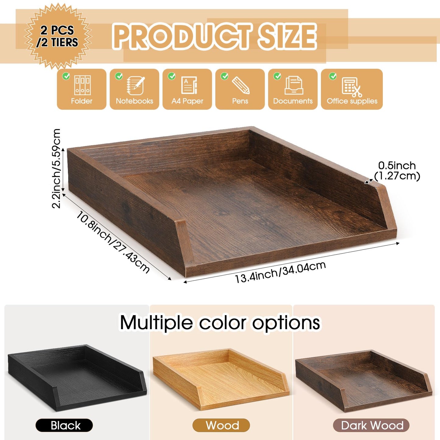 DoubleFill 2 Pcs Wooden Letter Trays Wood Letter-Size Desk Organizer Heavy Duty 2 Tier Stackable Supports Paper Tray Desktop Drawer Organizer File Folder Magazine Office Accessories (Dark Wood)