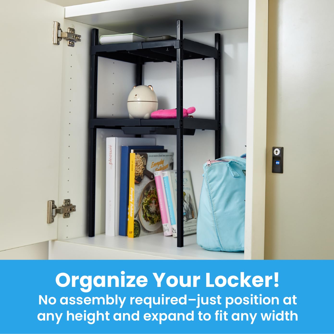 LockerMate Double Locker Shelf, Adjustable Width and Height to Fit Most School Lockers, Black