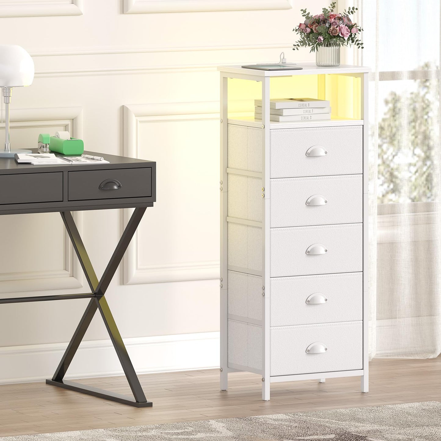 sthmec Nightstand with Charging Station,LED White Nightstands with 5 Fabric Drawers PU Finish, Bedside End Tables, 2-Tier Open Storage Shelf Side Table Nightstand with Drawers for Bedroom,White