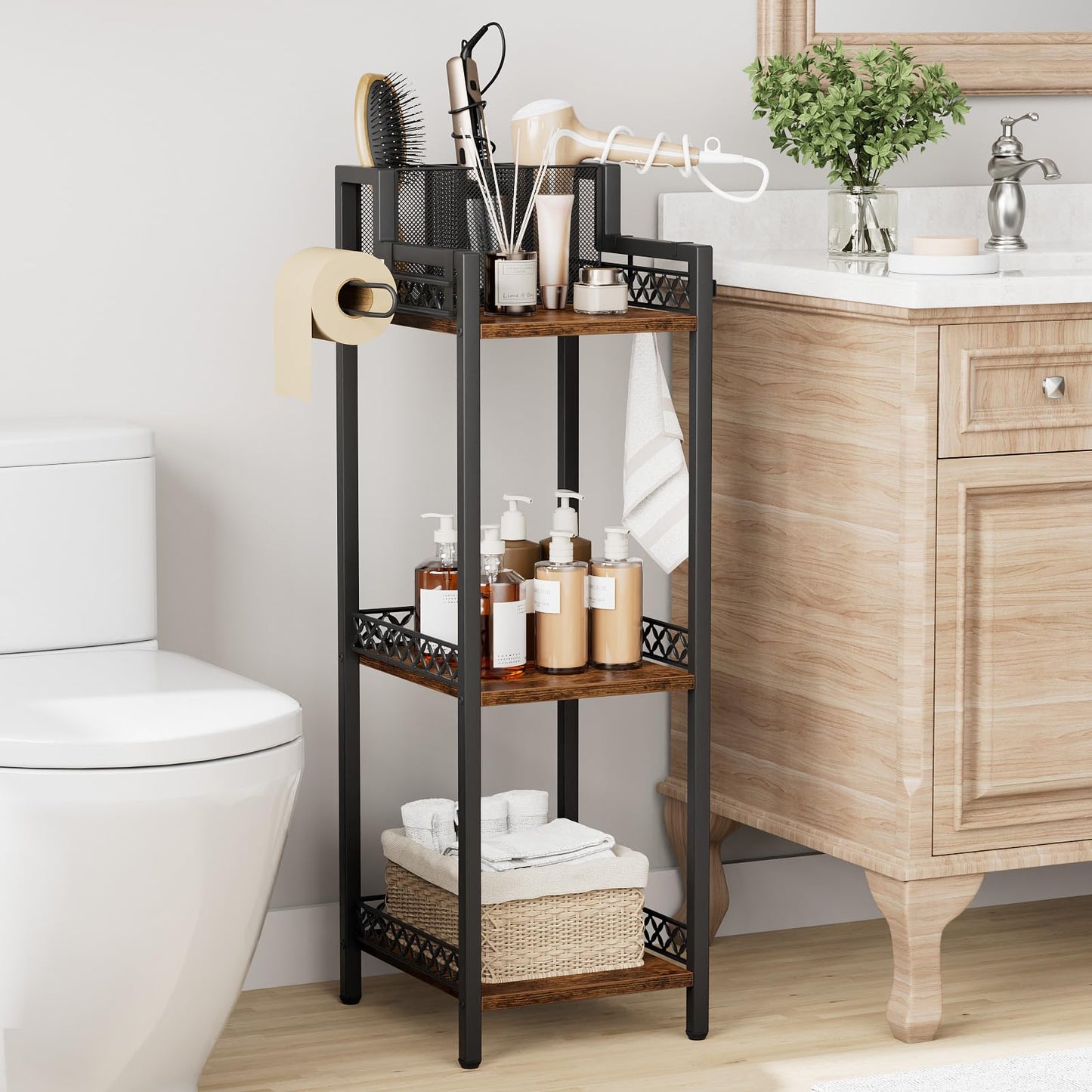 FURFUN Bathroom Storage and Organizer Shelf Hair Dryer Holder, 9.85in 3-Tier Narrow Metal Standing Rack with Toilet Paper Holder, Corner Stand for Cosmetic, Vanity, Kitchen, Laundry Rustic Brown