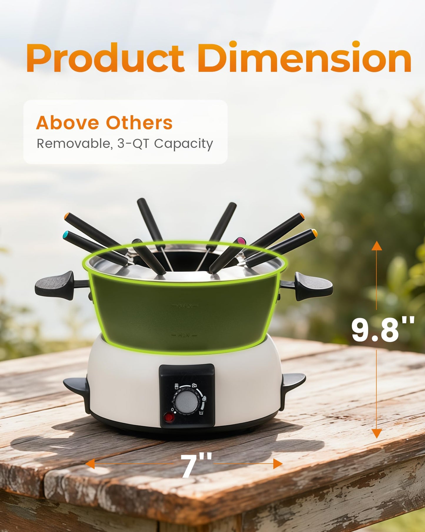 Saenchue 3-Quart Electric Fondue Pot Set – Stainless Steel Fondue Pot with 8 Color-Coded Forks, 3-Mode Adjustable Temperature Control for Cheese, Chocolate, Oil, and Hotpot, Model FD-10B