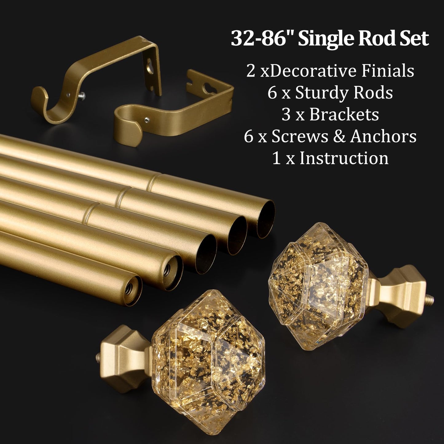 TONIAL 2 Pack Curtain Rods for Windows 48 to 84 Inch, Telescoping Splicing 3/4 Single Rods 32 to 86 Inch Decorative Drapery Rod with Translucent Diamond Finial, Luxury Gold