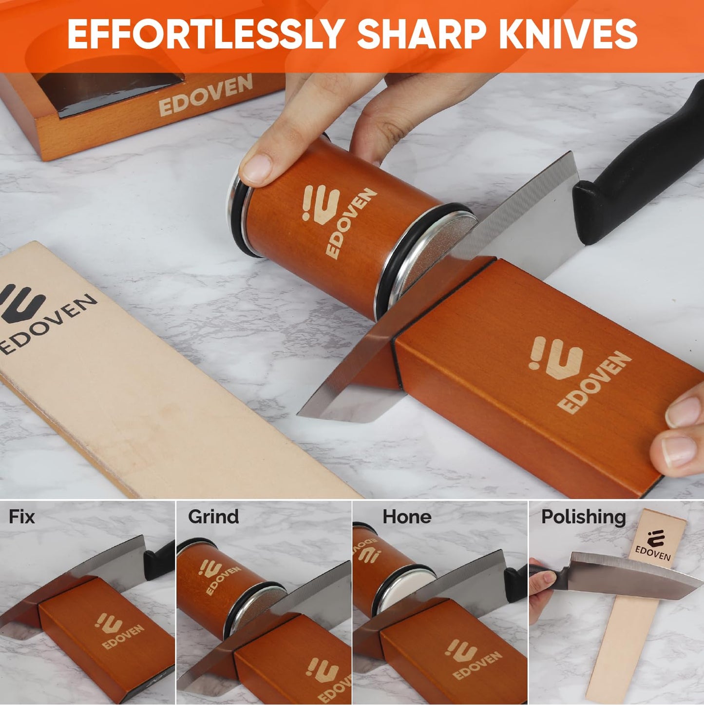 Premium Rolling Knife Sharpener Kit - Magnetic Manual Knife Sharpener with Diamond & Ceramic Discs, Two Extra Discs, Leather Strop & Stand, 15° & 20° Angle Guides, Gift for Chefs & Home Cooks