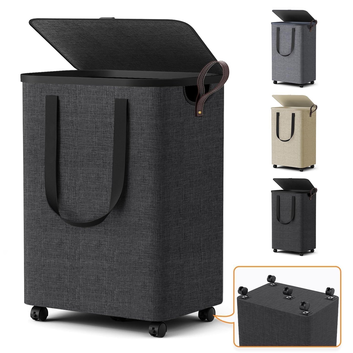 Laundry Basket with 5 Wheels, Tall Dirty Laundry Hamper, Rolling Laundry Basket with Lid, Collapsible Clothes Hamper for Bathroom Bedroom Dorm Laundry Room, Deep Gray, 75L