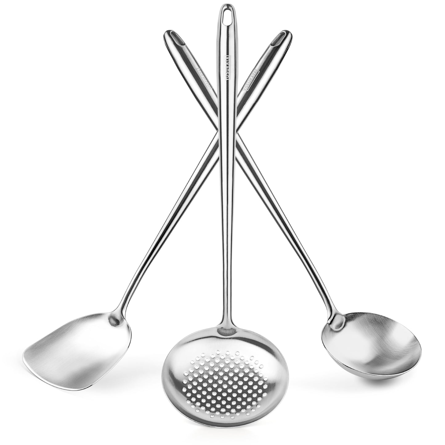 Yosukata 17" Wok Spatula and Ladle Skimmer Spoon - Stainless Steel Cooking Utensils Set of 3-304 Stainless Steel Kitchen Utensils Set - Dishwasher Safe Wok Accessories - Wok Utensils - Cooking Tools