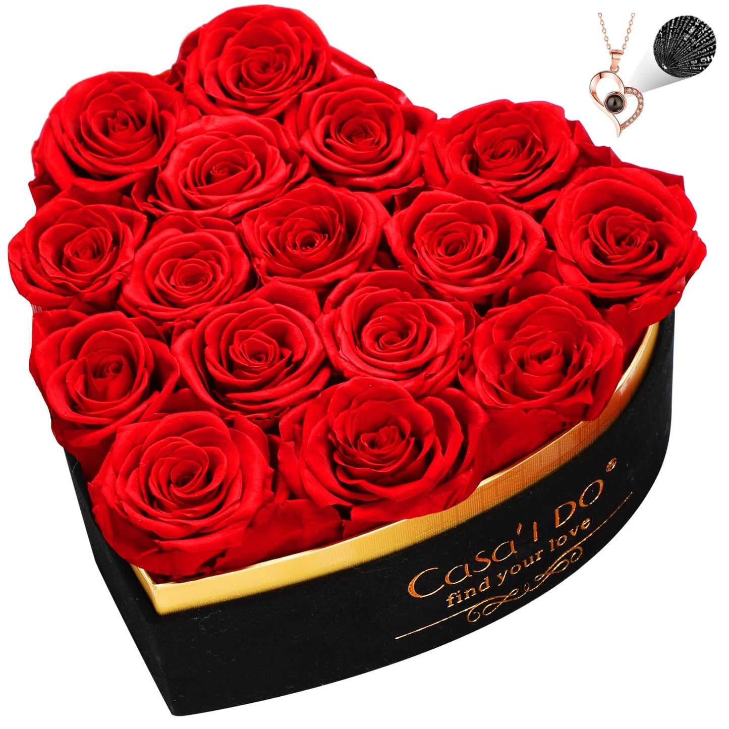 Casaido Preserved Roses Flowers for Delivery 16 Pcs, Mothers Day Rose Gifts for Her, Forever Flores in Heart Box with Necklace, Anniversary Birthday Christmas Vanlentines Gift for Wife Girlfriend, Red