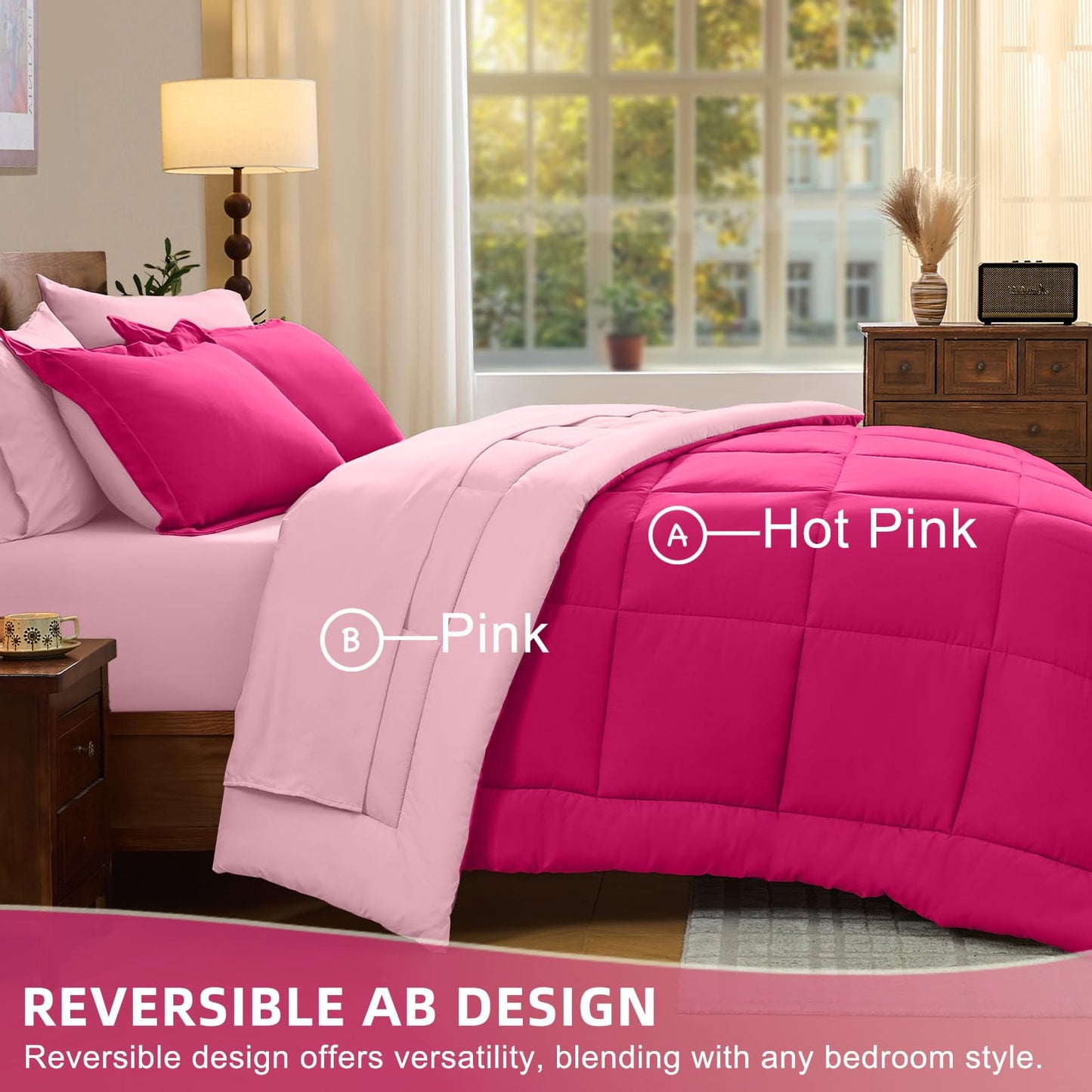 FUANNA Queen Comforter Set 7 Pieces, Reversible Queen Size Bed in a Bag with All Season Soft Comforter, Bedding Sets Includes Comforter, Flat Sheet, Fitted Sheet, Pillowcases & Shams, Hot Pink & Pink