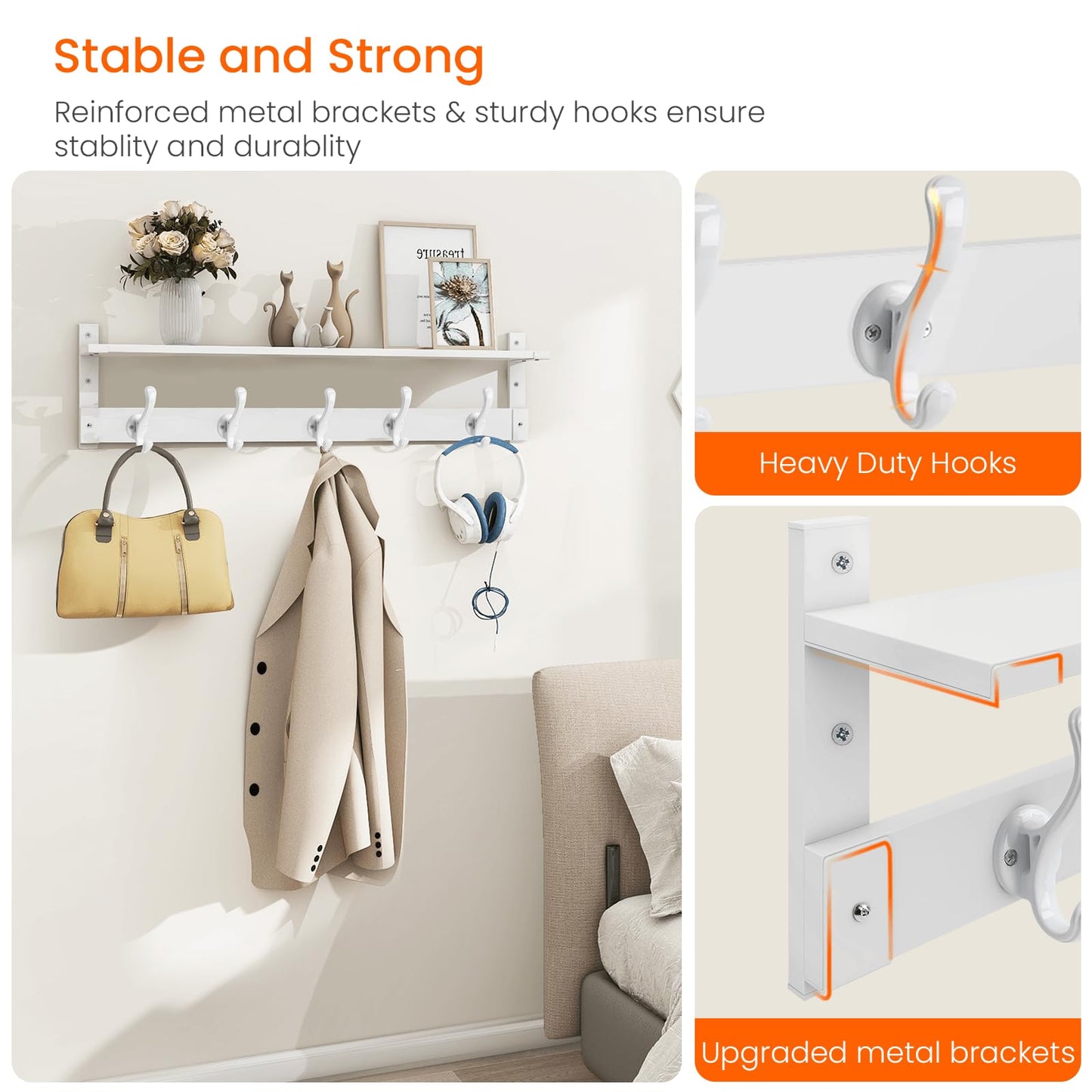 Homode Coat Rack With Wall Shelf, 29" Wooden Entryway Floating Shelf With Hooks Underneath, Hanging Coat Hanger for Bathroom, Living Room, Bedroom, Hallway, White