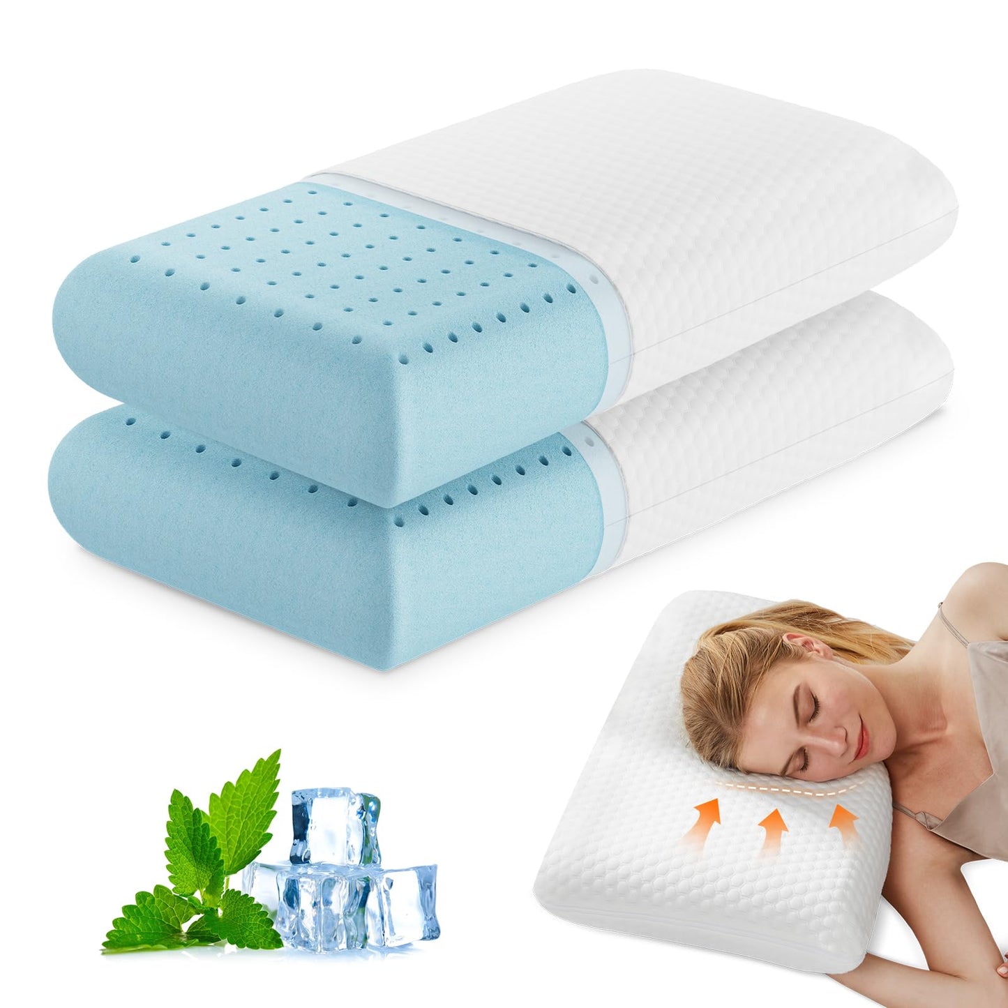 OLIXIS Memory Foam Pillow for Sleeping, 2 Pack Queen Bed Pillows, Pressure Relieving Cervical Support, Adjustable Loft, Removable Washable Cover, Gel Cooling Mesh, for Back Side Stomach Sleepers,White
