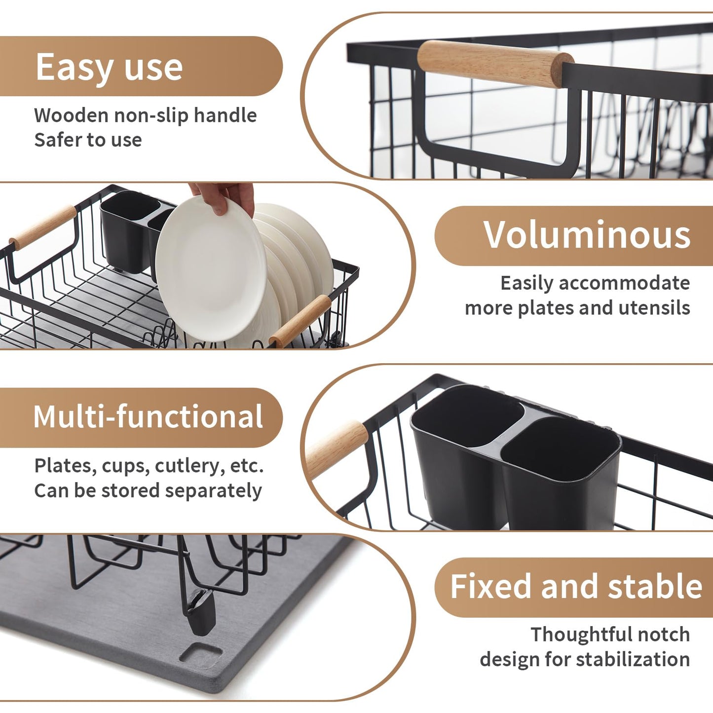 Lalaunicky Dish Drying Rack with Stone Dish Drying Mat for Kitchen Counter, Dish Drainer with Diatomaceous Earth Quick Dry Mat, Organization and Storage Essentials with Cup & Cutlery Holders