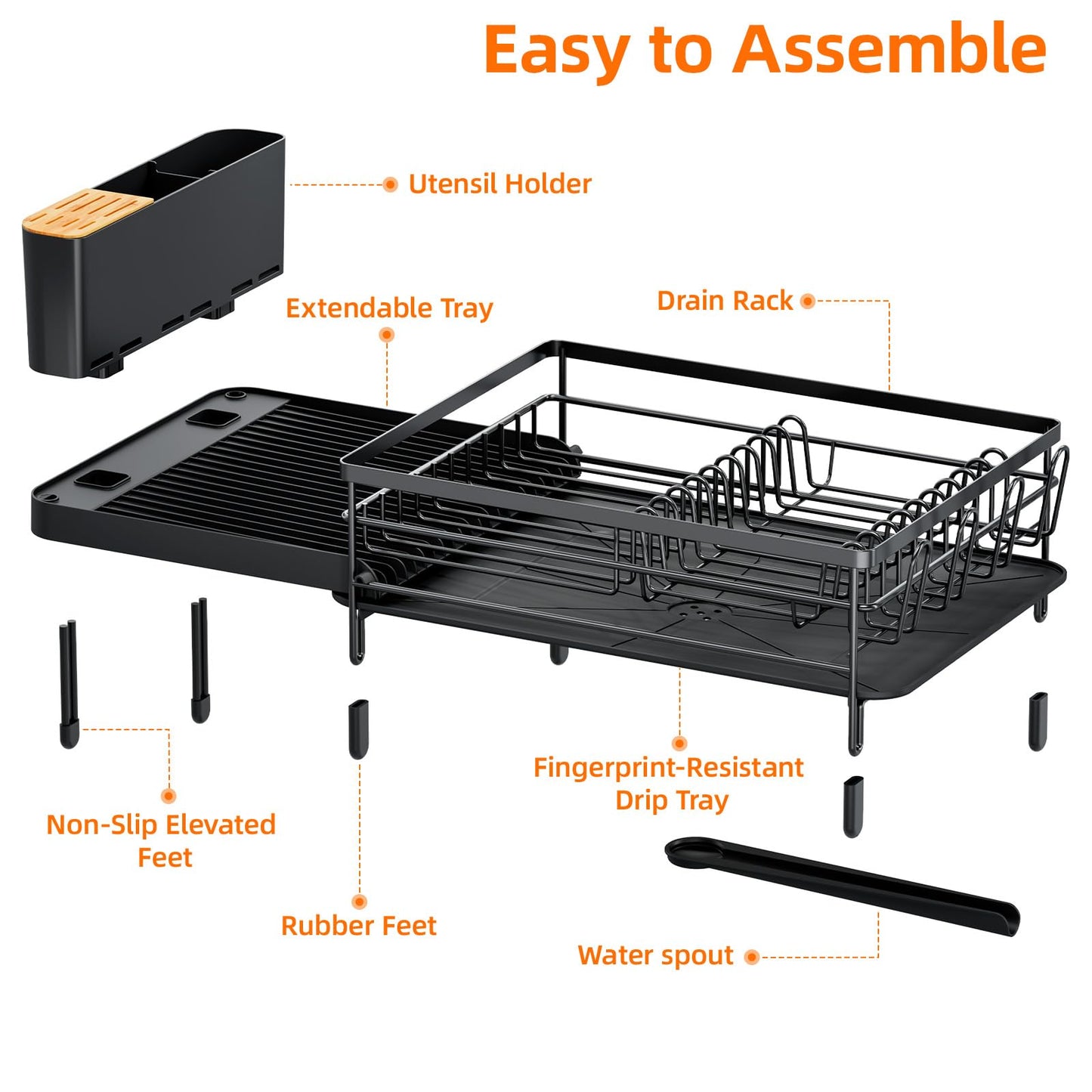 Urackify Large Dish Drying Rack, Expandable Dish Racks for Kitchen Counter, Multifunctional Dish Drainer with Utensil Holder & Cup Holder, 18.5"-26.7" L x 12.7" W, Black