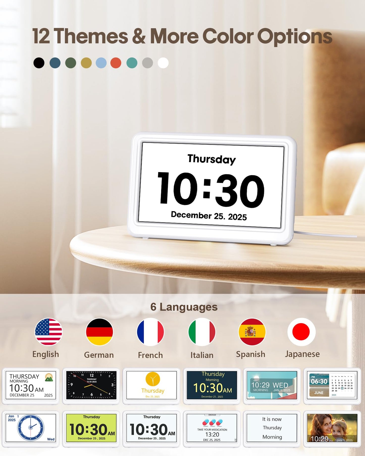 Digital Clock with Date and Week for Seniors, Alzheimer's Dementia Clock with 20 Alarms and 6 Medicine Reminders, Large Font Digital Calendar Alarm Clock for Vision Impaired, White (Ac Powered)
