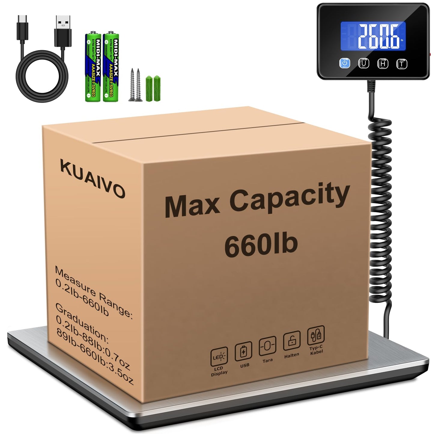 KUAIVO Shipping Scale, 660lbs Heavy Duty Digital Postal Scale for Packages, 0.35oz High Accurate Postage Scale for Small Business, Luggage, Home Use, Battery & Charging Cable Include
