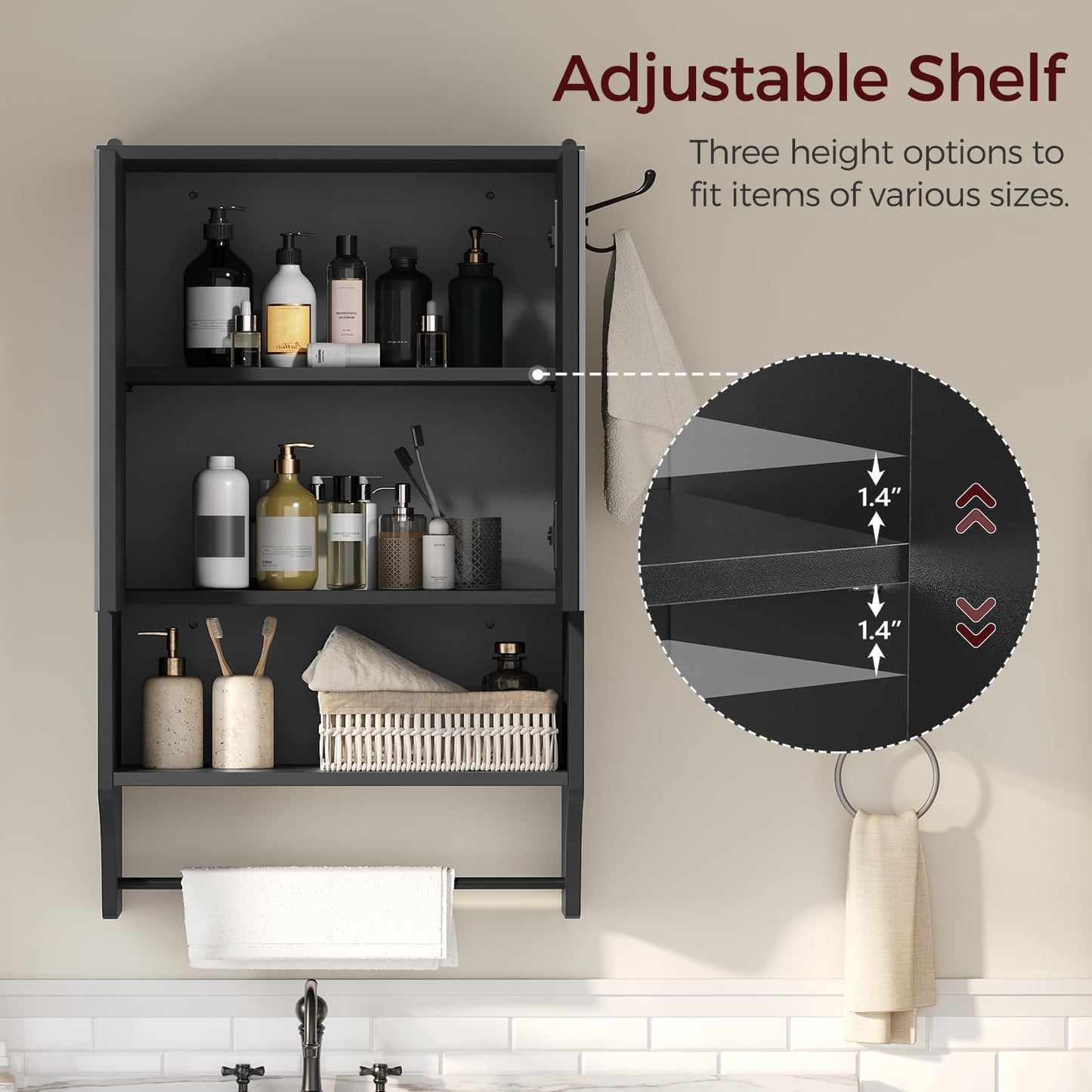 MAHANCRIS Bathroom Wall Cabinet with Mirror, Medicine Cabinet with 2 Door and Adjustable Shelf, Wall Mounted Over The Toilet Storage Cabinet with Towel Bar for Bathroom Laundry Room Kitchen, Black
