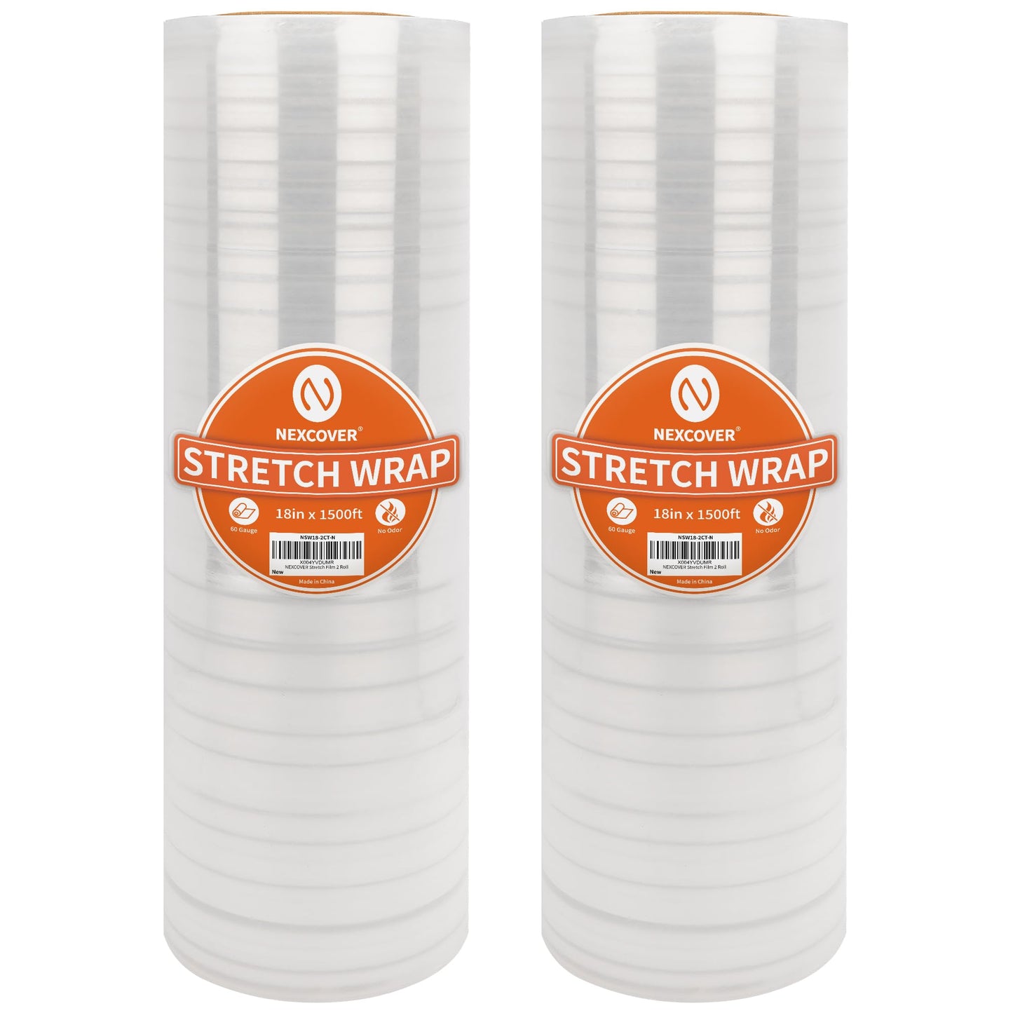 NEXCOVER 18 Inch Stretch Wrap - 1500 Feet | 60 Gauge, 2 Roll Clear Plastic Self-adhering Stretch Wrap Film for Pallet Wrap, Thick and Durable Packing Moving Supplies Heavy Duty Shrink Film.