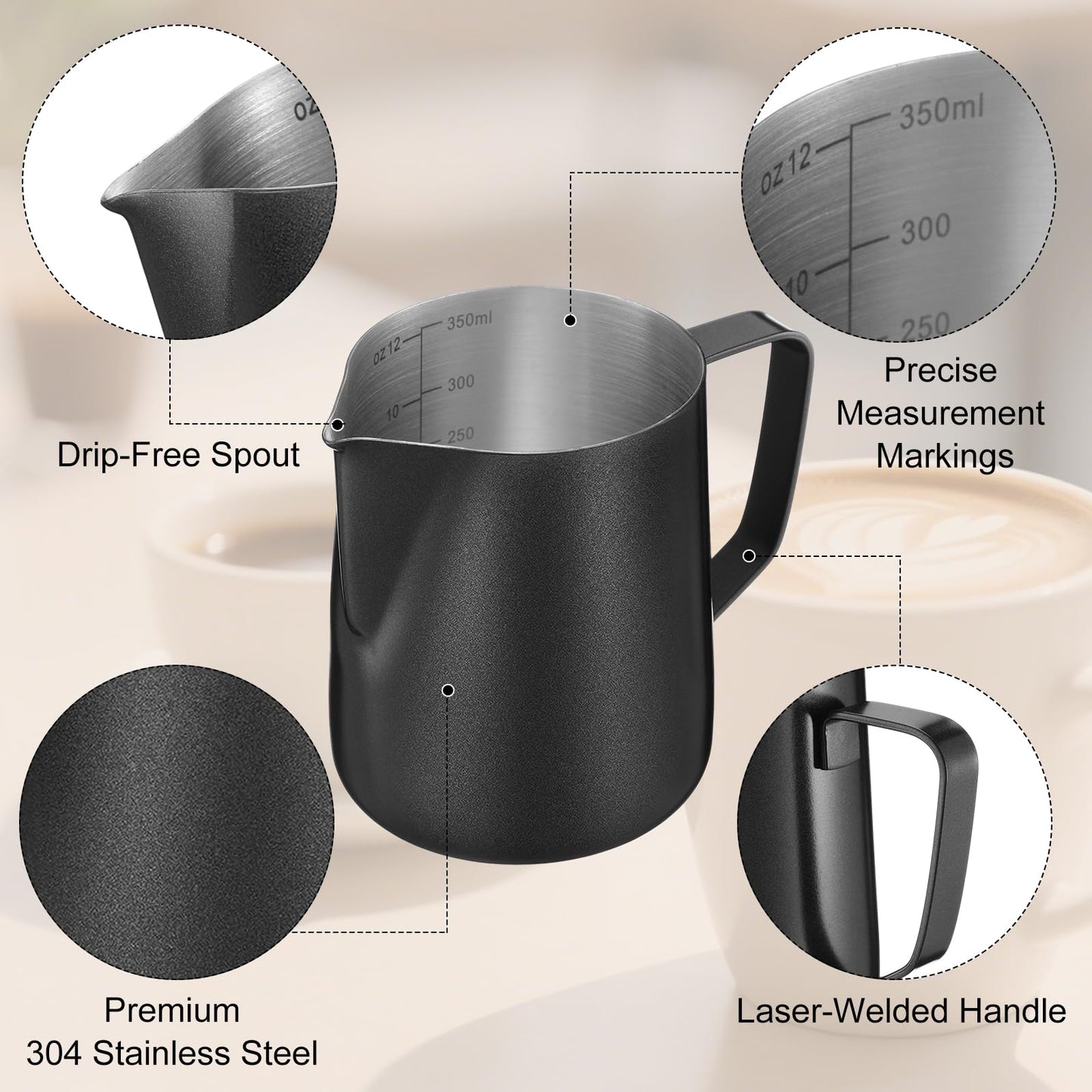 Honeydak 6 Pcs Milk Frothing Pitcher 304 Stainless Steel Steaming Pitchers for Coffee Bar Cappuccino Barista Tools Milk Jug Steamer Frother Cup (12 oz)