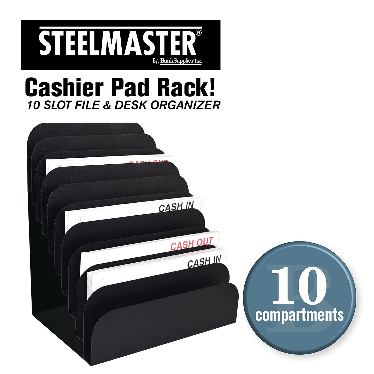 BankSupplies STEELMASTER Steel Cashier Pad Rack 10 Slot Desktop File and Paper Organizer Black Powder-Coated Finish