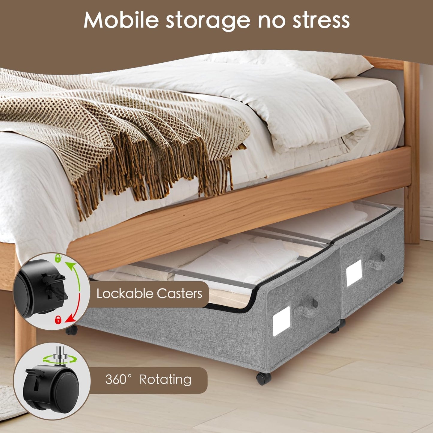 Under Bed Storage with Wheels, 2-Pack Under the Bed Storage Containers with Clear Lids & Label, Underbed Storage Bins, XXXL 85L 11 inches Rolling Metal Drawer for Clothes, Shoes, Toys, Books - Gray