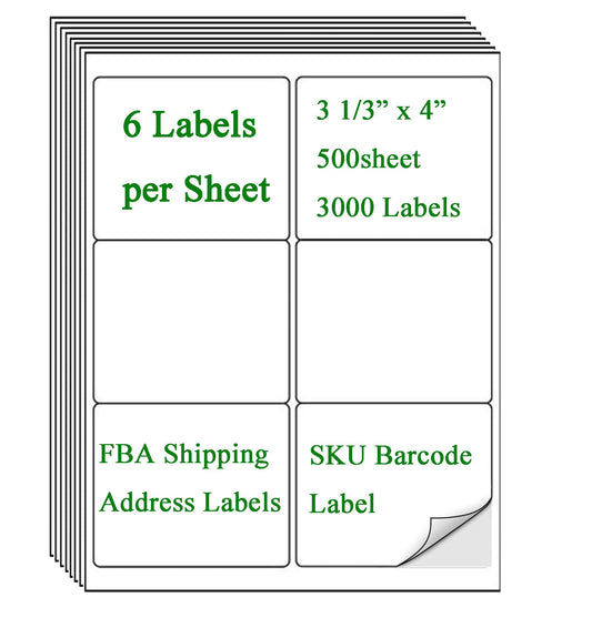 (8164/5164) 6 Up Shipping Address Labels, 3.33" X 4" FBA SKU Barcode Label for Inkjet/Laser Printer (500 Sheet -3000 Labels)