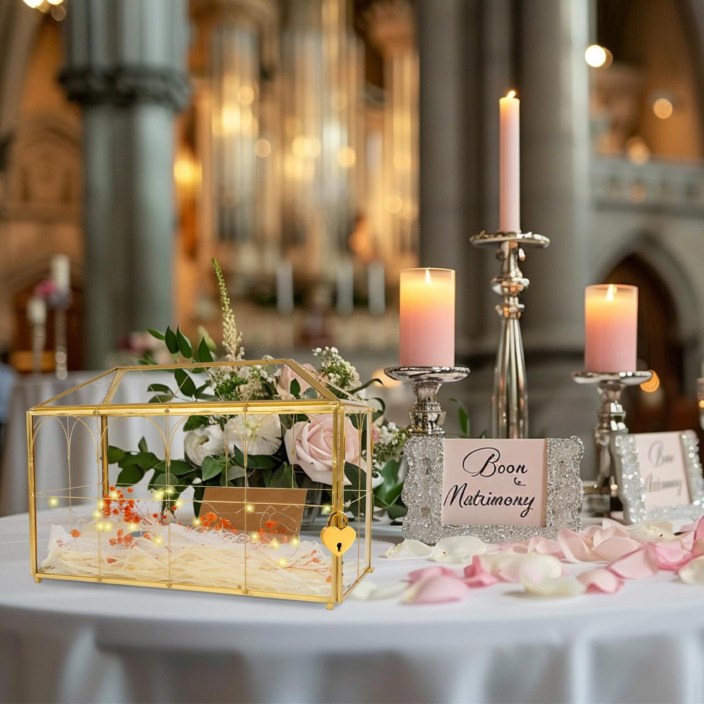 Atzciyr Wedding Glass Cards Box with Slot - 12.6 x 5.9 x 9 inch, Envelope Card for Birthday Party Reception Box, Home Tabletop Decor Clear Gold Terrarium with Lock Glass Terrarium