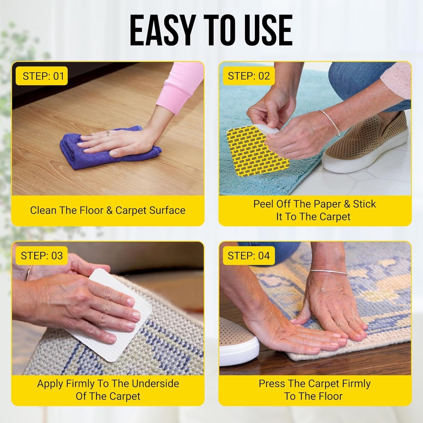 Alien Grip Rug Gripper Carpet Tape - 20pcs, 4x4 in. Anti-Slip Hardwood, Tile Floor, No Damage - Double Sided Reusable, Non Slip Corner Rug Pads - As Seen on TV