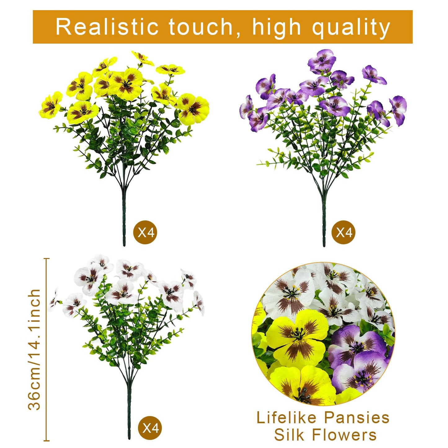 BRIGEA 12 Bundles Artificial Pansy Flowers for Outdoor Faux Silk Flowers UV Resistant for Porch Balcony Patio Garden Home Decor