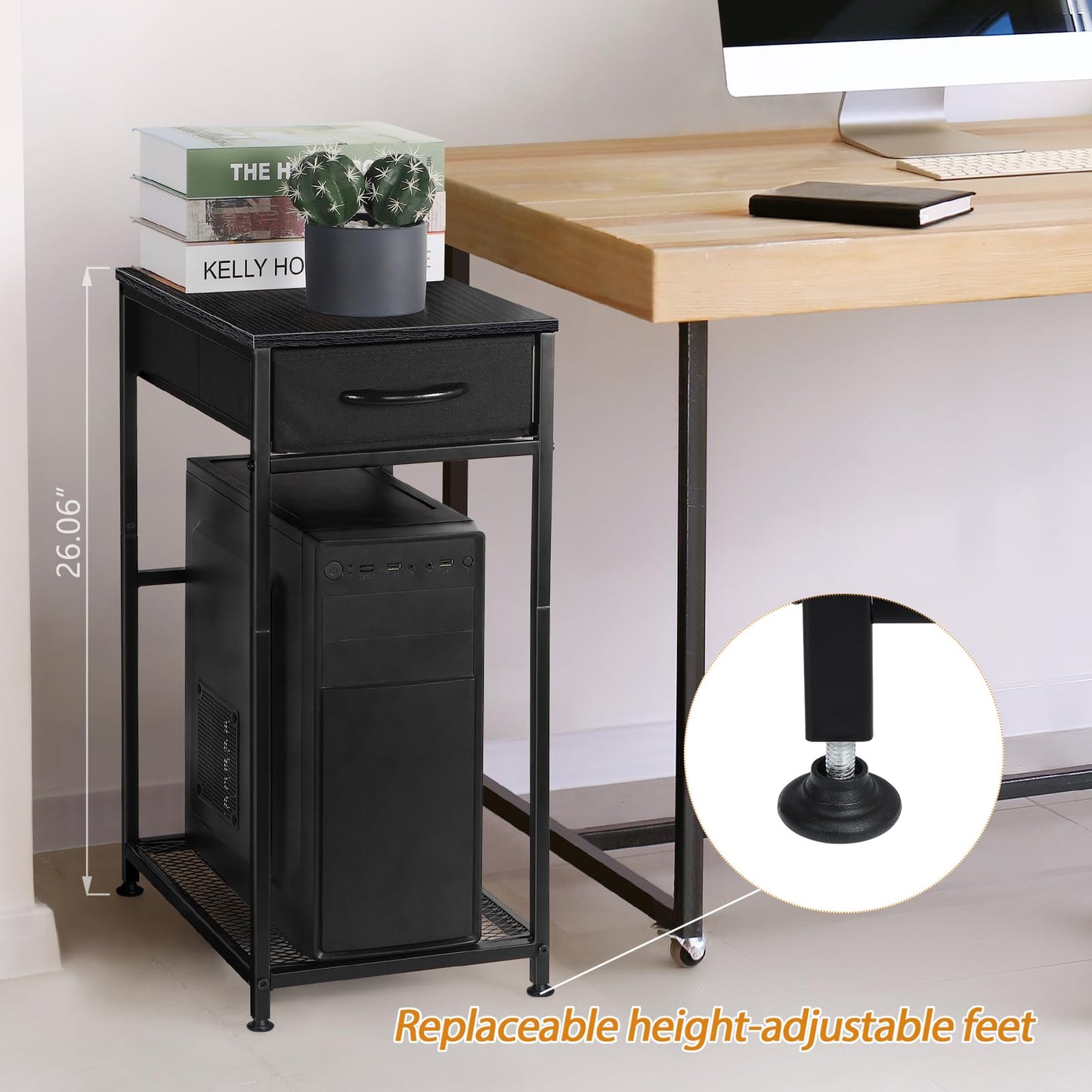 YBING PC Stand 2 Tier Computer Tower Stand with Drawer Mobile Computer Cart with Storage Metal CPU Holder on Wheels Pc Tower Stand Black Rolling Computer Tower Stand Floor for Office
