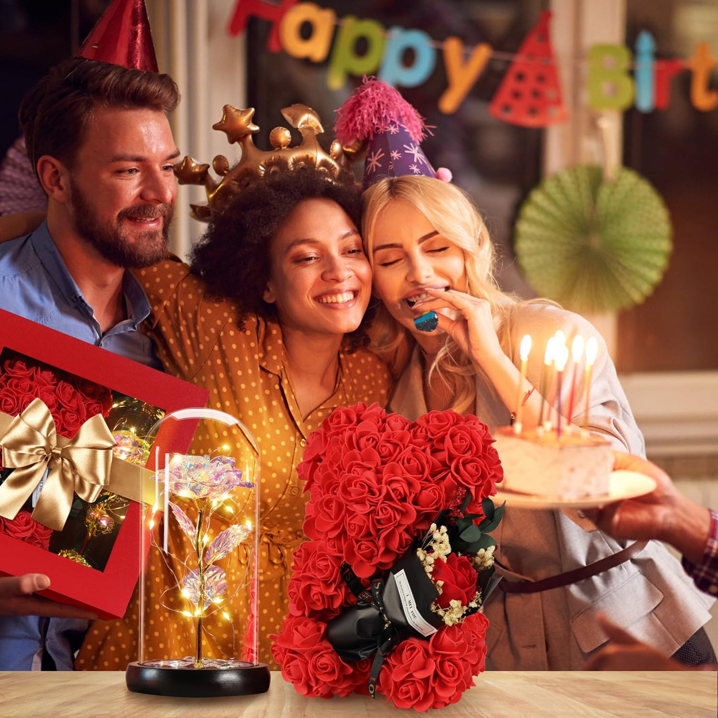 Mothers Day Rose Gifts for Mom Women Wife Girlfriend, Rose Bear & Beauty and the Beast-Inspired Rainbow Light-Up Roses Gift Set – Perfect for Valentine’s, Birthday Mother’s Day and Anniversary
