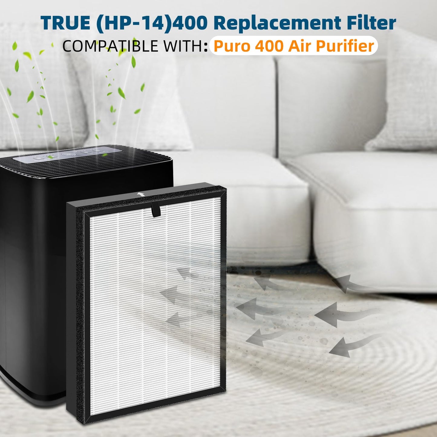 Katerelis 2 Pack 400 Replacement Filter Compatible with Puro 400 Air Filter, 3-in-1 Grade True HP-14 Air Filter with Activated Carbon Filter, Filters up to 99.97% of common household pollutants