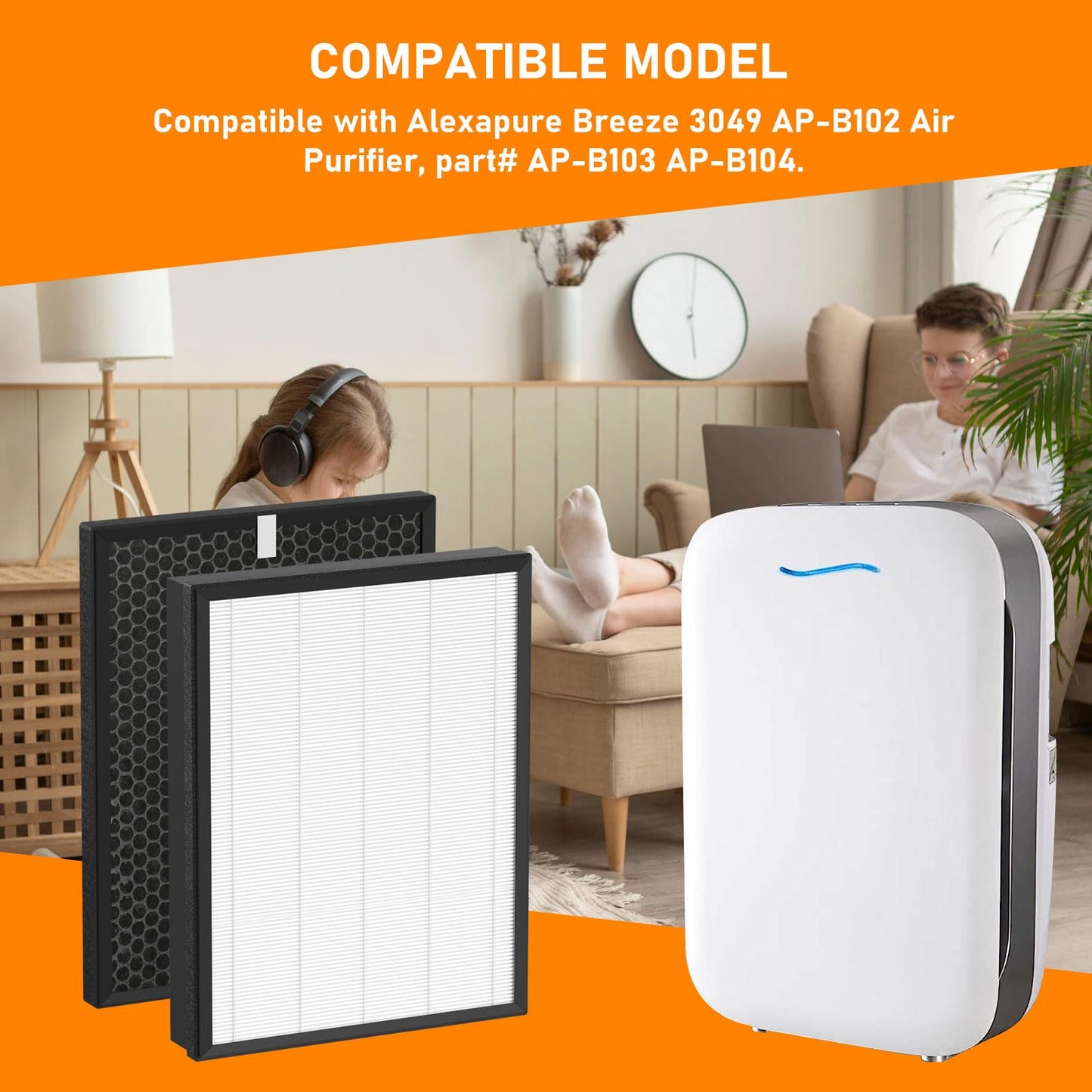 Skymechy AP-B102 True HEPA Replacement Filter Set Compatible with Alexapure Breeze AP-B102 and 3049 Air Cleaner Purifier, 3-IN-1 Air Filter for Home, 2 X H13 True HEPA and 2 X Activated Carbon Filters