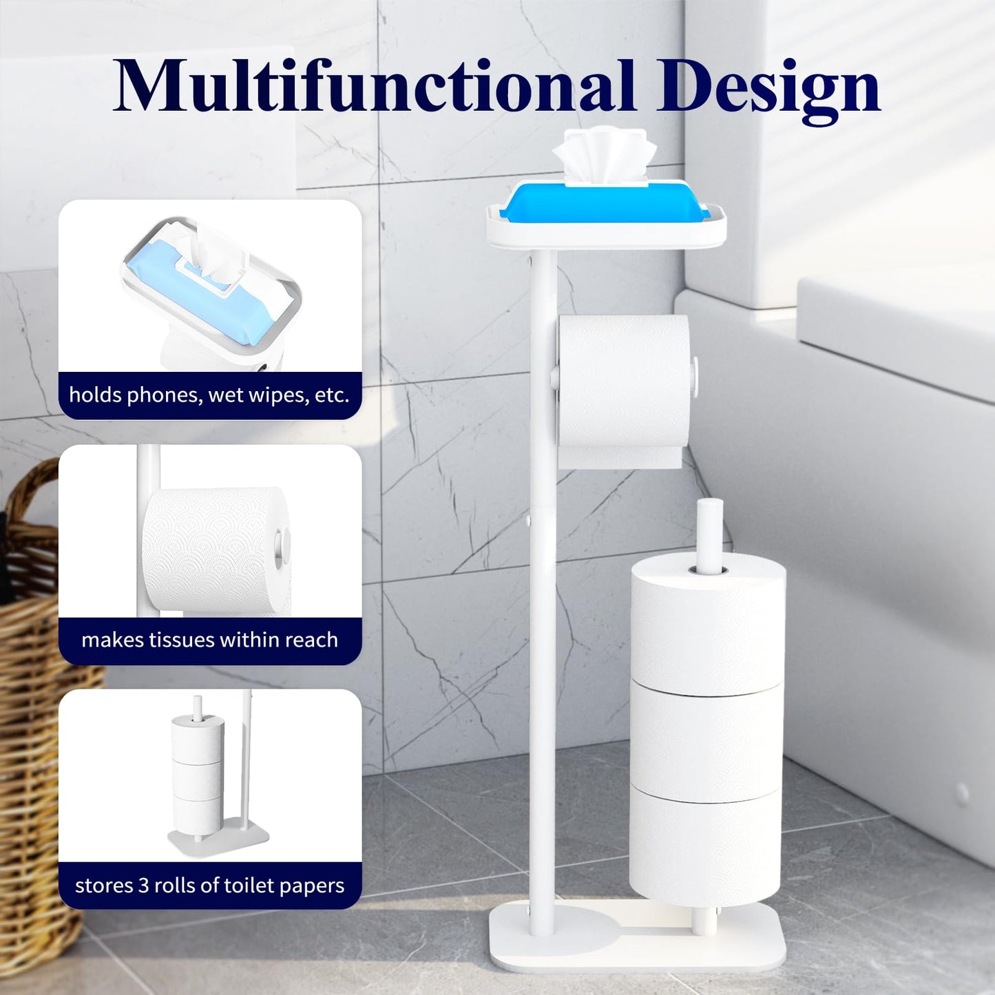 Kitsure Toilet Paper Holder Free Standing – Rustproof Metal Toilet Paper Stand for 4 Rolls with Anti-Slip Base and Shelf for Phone & Small Items, Bathroom Organizers and Storage, Medium, White