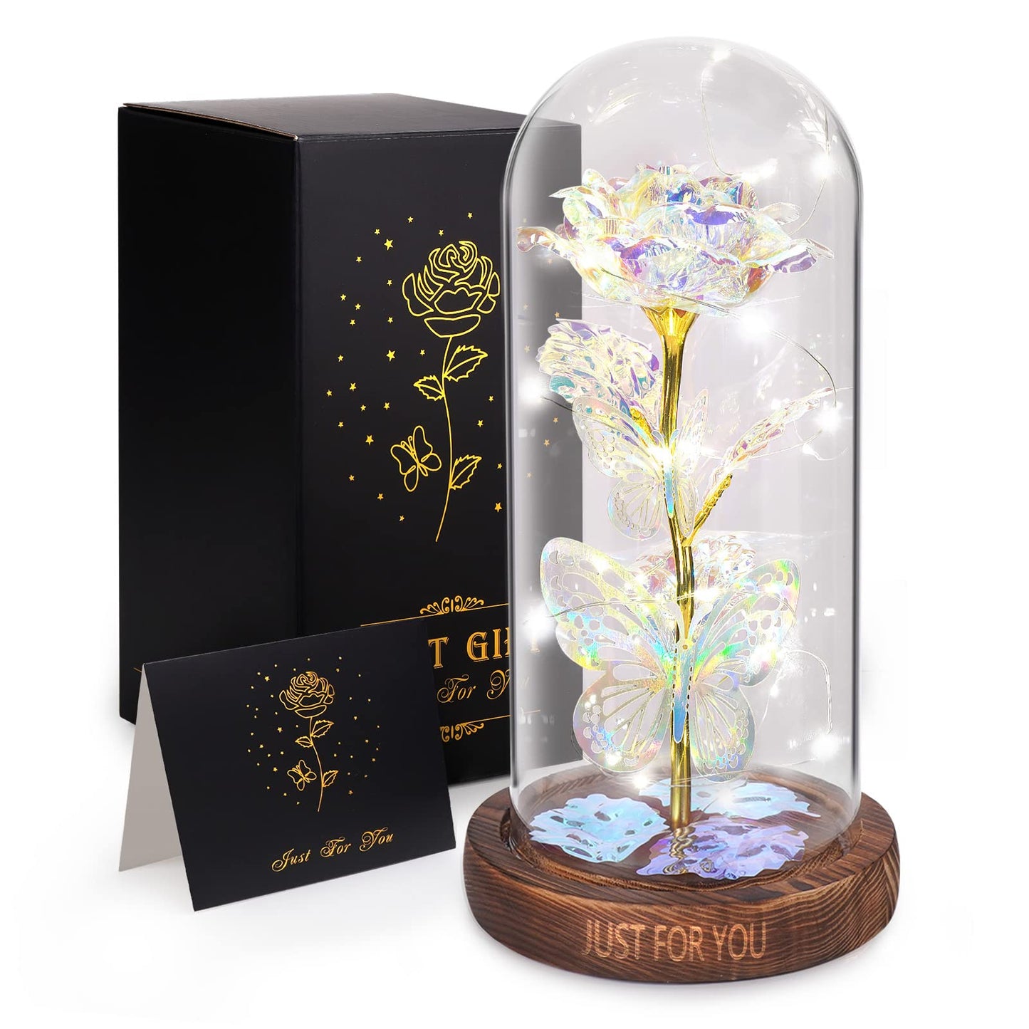 WOKEISE Light Up Rose Butterfly in Glass Dome, Mothers Day Rose Gifts for Mom, Birthday Anniversary Flowers Lighted Roses Gifts for Women,Wife,Mom, Grandma,Girlfriend,Girls,Sister-Silver