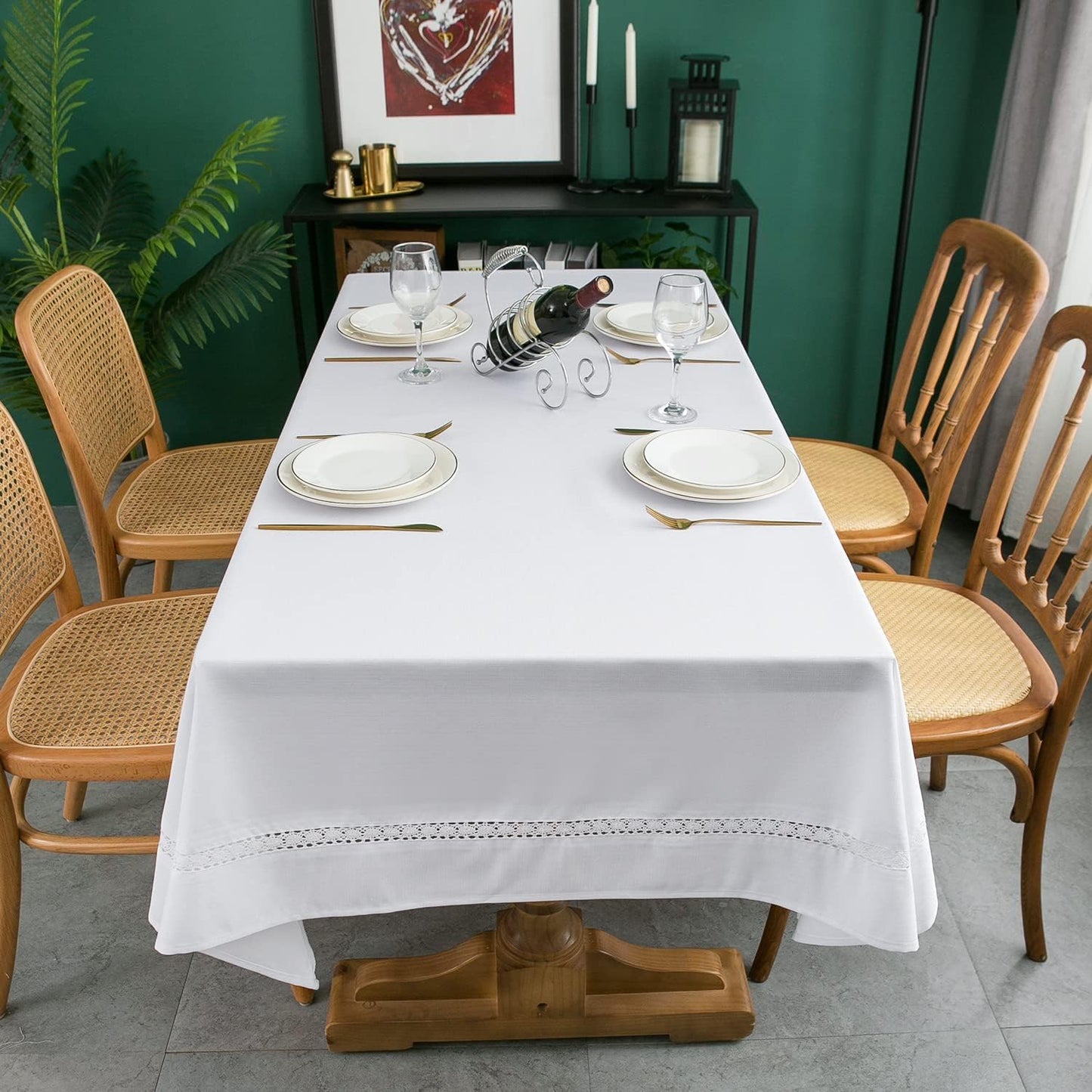 EHouseHome Fabric Table Cloth of Textile with White Lace-Waterproof/Wrinkle Free/Stain Resistant/Oil Proof-for Dining,Indoor&Outdoor,Wedding,Holiday,White,Rectangle 60x144Inch