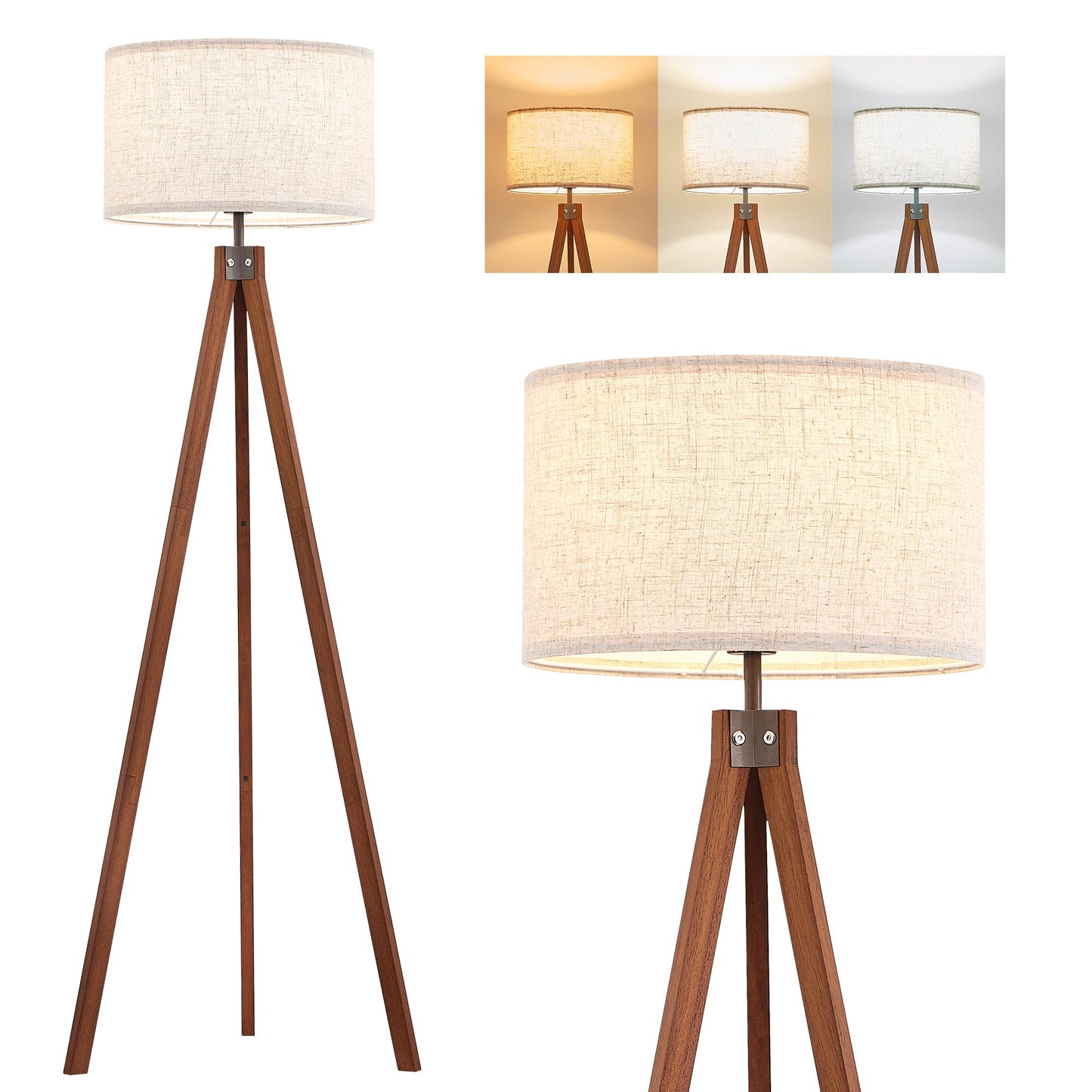 ELYONA Solid Wood Tripod Floor Lamp with 3 Color Temperatures LED Bulb, Mid Century Modern Reading Standing Light Nature Linen Shade Tall Night Light for Bedroom Living Room Office Study Room, Brown