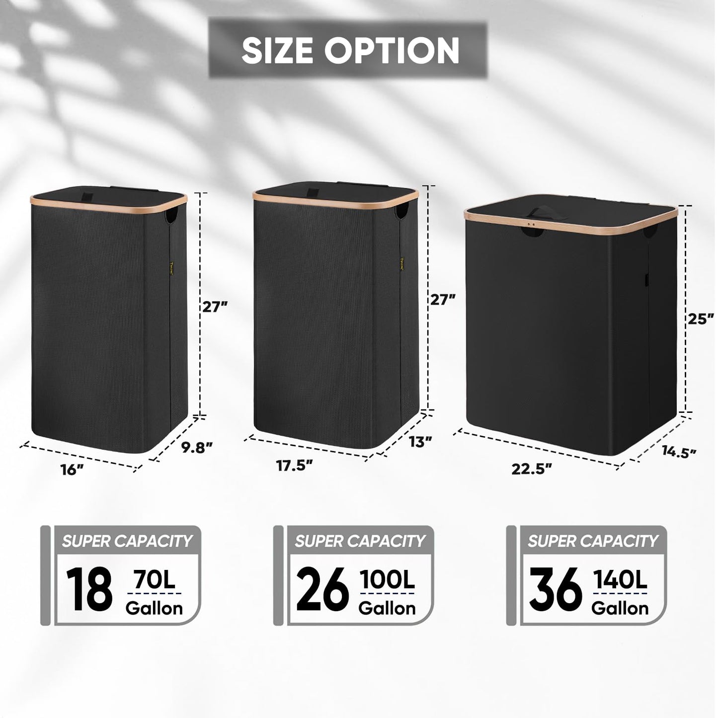 BALEINE Laundry Hamper with Lid, Tall Laundry Baskets with Bamboo Pull Handles, Large Laundry Bin with Internal Support (26Gal/100L, Carbon Black)