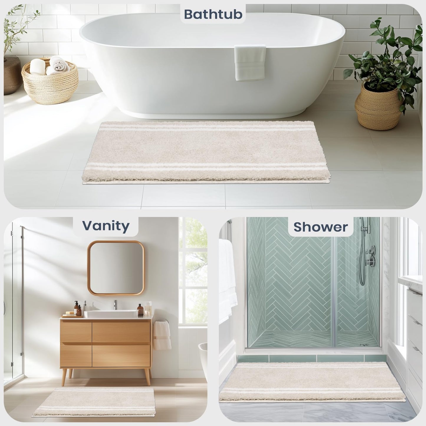 PURRUGS Bathroom Rug Non-Slip Machine Washable 24" x 60", Super Absorbent and Quick Dry Shaggy Microfiber Bath Mat, Extra Soft and Plush Bath Rug for Bathtub, Shower, and Sink, Beige
