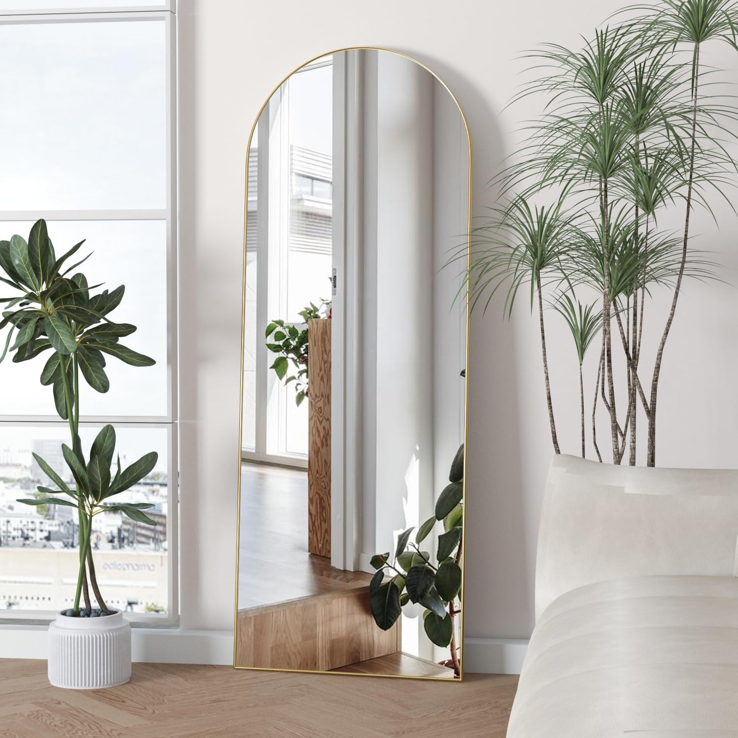 NEUWEABY Full Length Mirror, 56"x16" Arch Floor Mirror with Stand, Gold Arched Full Body Standing or Leaning Mirror for Bedroom, Living Room