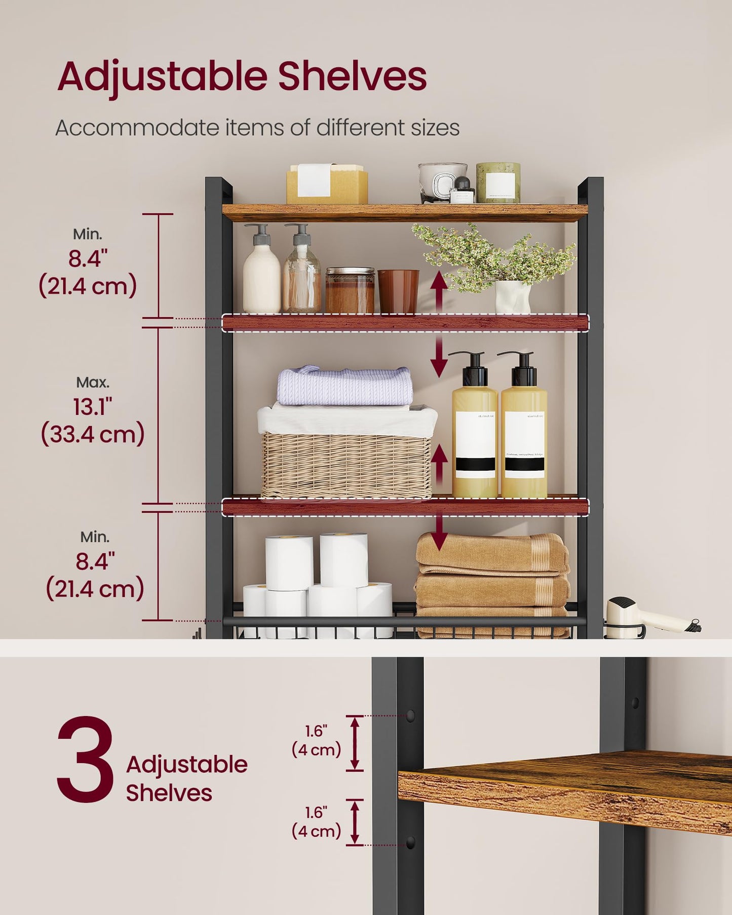 VASAGLE BARNET Collection - Over the Toilet Storage, Over Toilet Bathroom Organizer with Adjustable Shelves and Basket, 3 Hooks, Space Saving, 9.4 x 23.6 x 68.1 Inches, Rustic Brown UBTS114KD01S