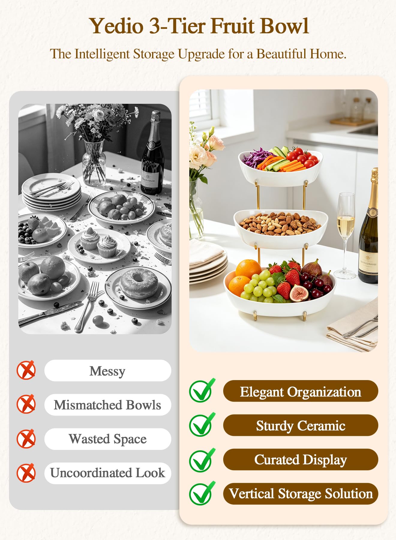 Yedio 3 Tier Fruit Bowl for Kitchen Counter, No Assembly Required Ceramic Fruit Basket with Metal Stand, Tiered Fruit Stand for Countertop for Fruit, Veggies, Snacks, Cake & Desserts