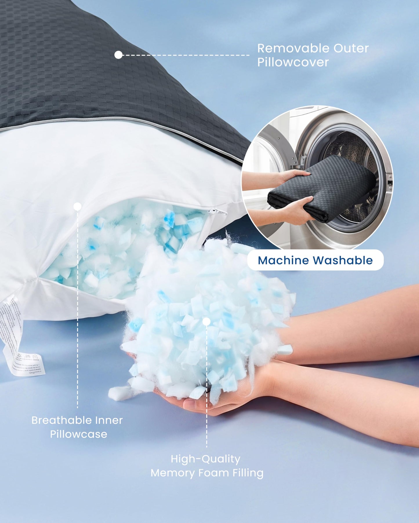 YZ HOME Cooling Body Pillow for Adults- Pillow Insert with Shredded Blue Memory Foam, Soft Support for Side Sleeper, Pregnant Women，Back Pain Relief, Washable Pillowcase (20x54 Inch, Dark Gray)