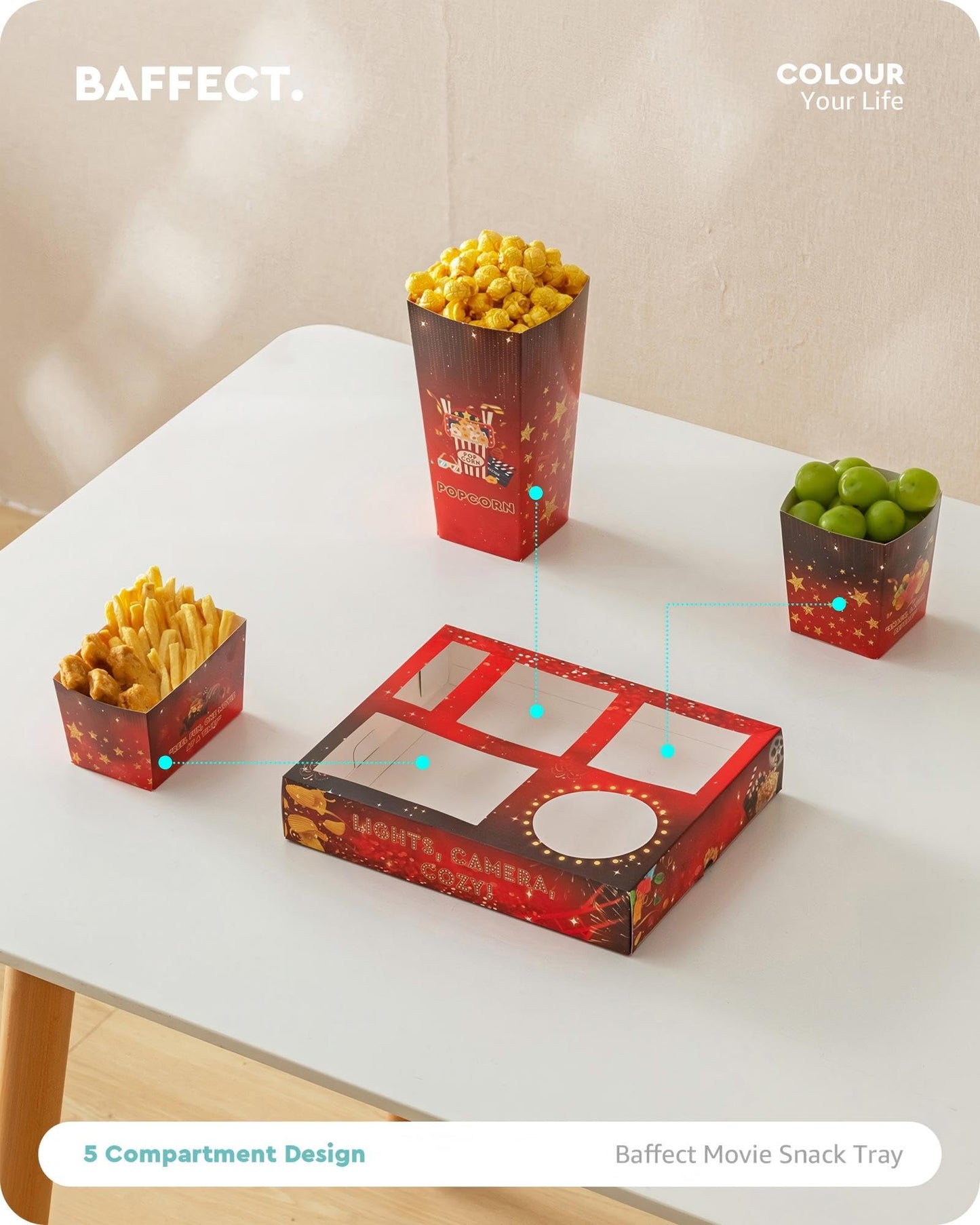 Baffect Movie Night Snack Trays 100pcs Include 20 Movie Night Trays, 20 Popcorn Boxes, 20 Salad Bowls, 20 Nacho Bowls, 20 Movie Party Invitations, Outdoor Movie Night Supplies For Nacho Bar