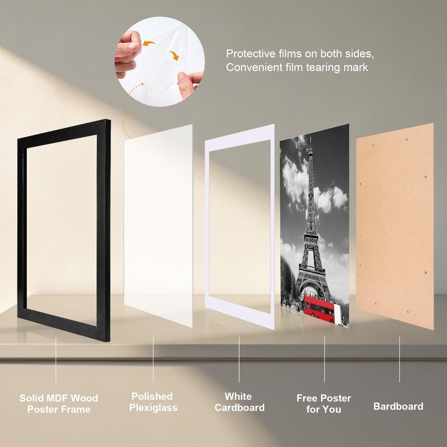 HOUSE DAY Poster Frames 18 x 24 MDF Wood and Polished Plexiglass 18x24 Frame without Mat or 16x20 with Mat, Horizontal or Vertical Wall Mounting 18 x 24 Poster Frame 18x24 Poster Frame Black Frames for Large Size Picture 3 Pack