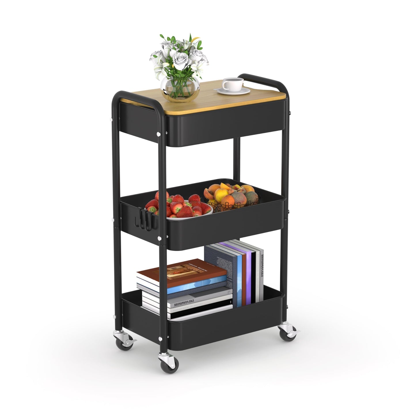 HIDODO 3 Tier Metal Utility Cart, Rolling Storage Cart with Wooden Tabletop, Metal Organizer Cart with Lockable Wheels for Office, Bedroom, Kitchen and Living Room (Black)